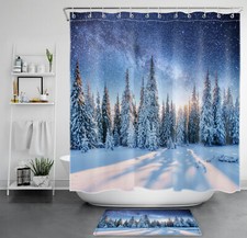 Night Starry Sky Landscape Winter Forest Shower Curtain Set for Bathroom Decor