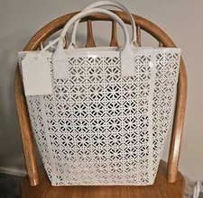 TORY BURCH White Laser Cut-Out Patent Leather Tote Bag Shopper Pool Beach Bag