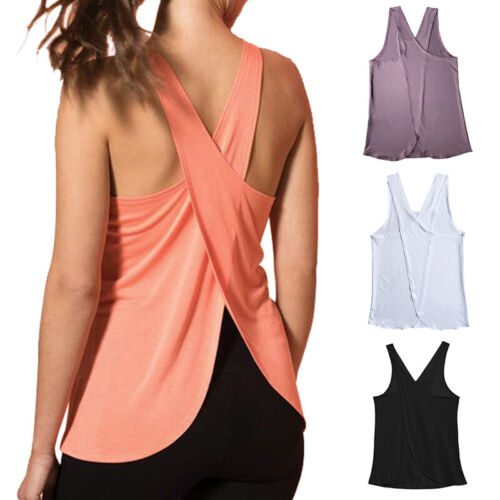 Womens Sports Vest Fitness Exercise Gym Yoga Tank Tops Cross Back Loose T Shirt - Afbeelding 1 van 16