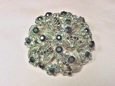 Ornate Brooch Gray & Black Rhinestones 2 1/8"