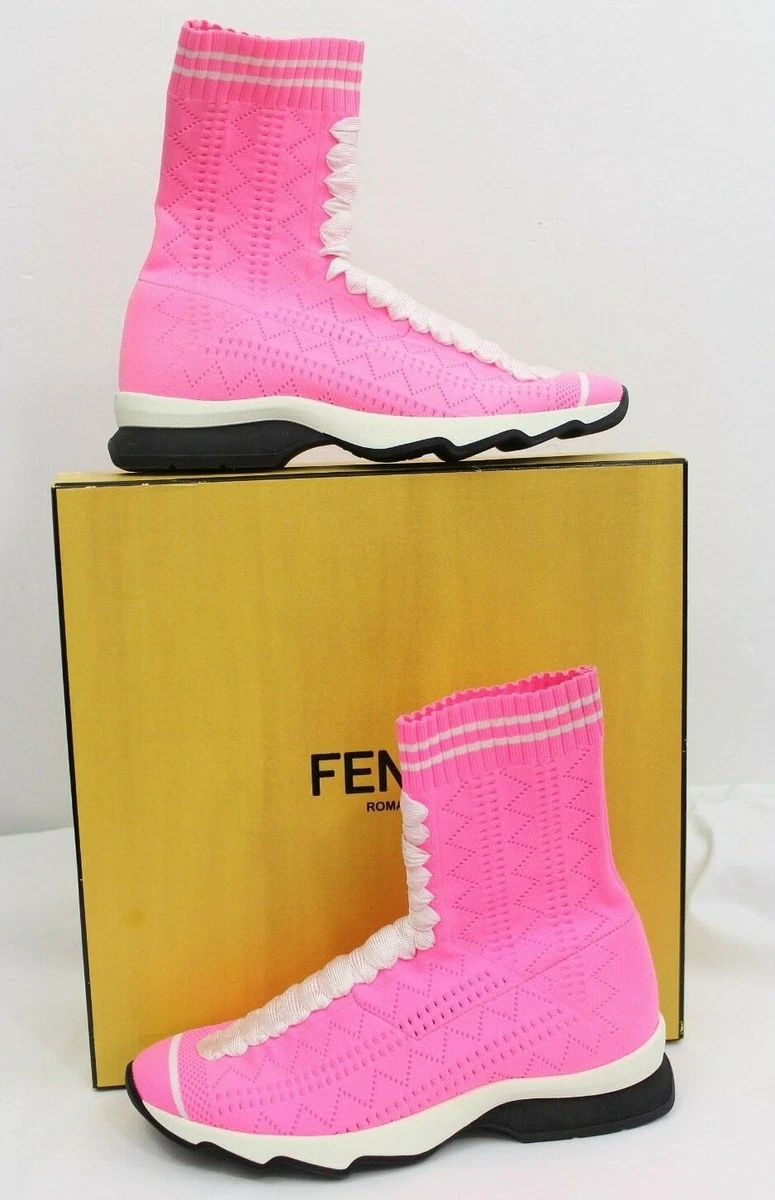 FENDI ROCKOKO Sock Zigzag Knit High Top Sneakers Pink 37 7 RP