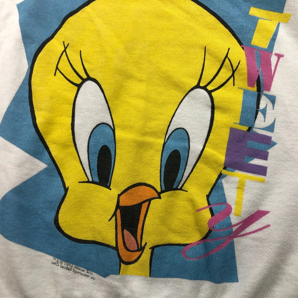 Sudadera De Colección Looney Tunes Para Hombre Mediana Blanca Piolín Pájaro Gráfico Años 90 * Foto 4 de 4
