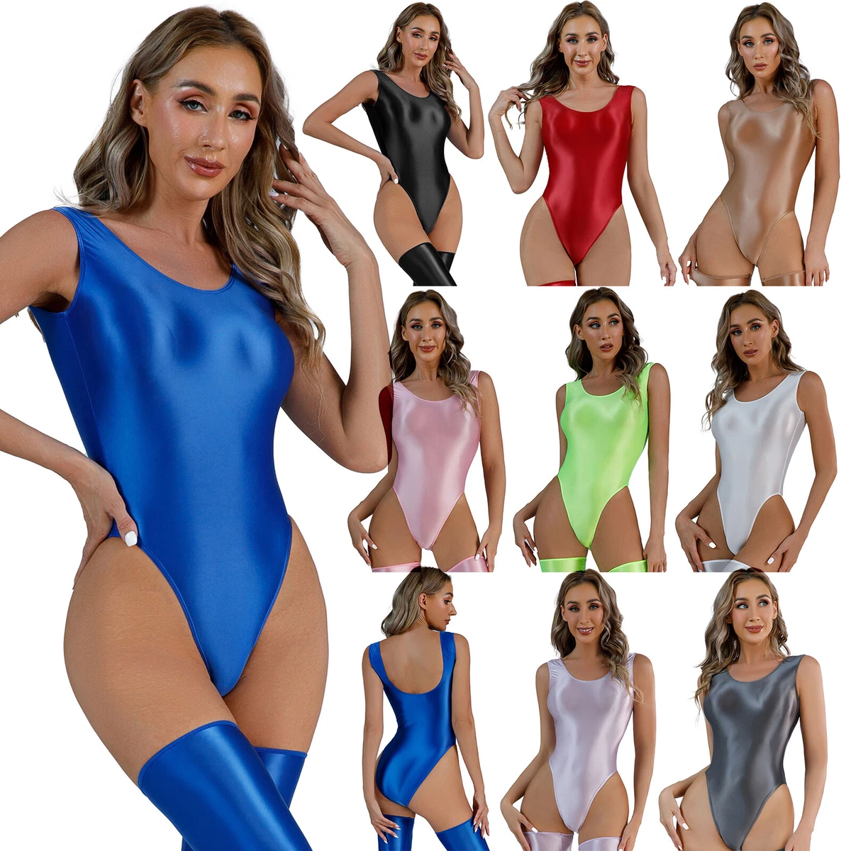 Women's Stretchy Glossy High Cut Bodysuit Tight Thong Leotard One