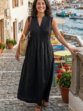 J Jill Size M Tall 100% Linen Maxi Dress Black Pleated Pintuck Coastal Boho Chic