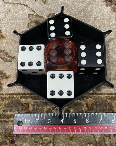 Giant Dice Lot (5), Display Board, 2” Black, 2” White, 2.5” Red Translucent