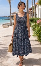 Vtg 80s Blue Floral Midi Tank Dress Pockets Cottage Prairie PS Stretch top New