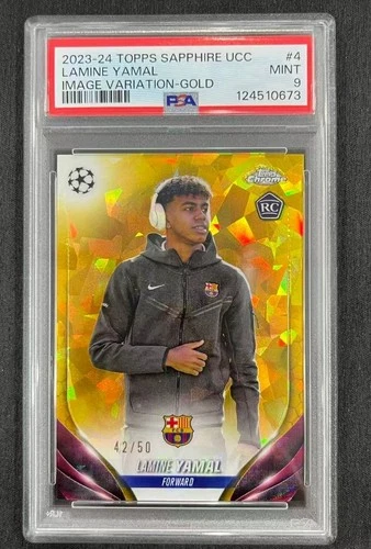 Lamine Yamal 2023-24 Topps Chrome Sapphire UCC Image Variation Gold /50 RC PSA 9