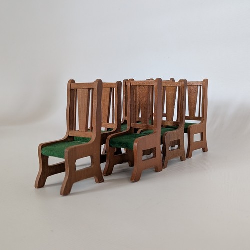 Vintage Lot Of 7 Mission Style Green Back Dollhouse Dining Chairs And Table  - Picture 7 of 8