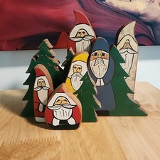 Handcrafted 5 Layer Wooden Folk Art Handpainted Santas With Trees