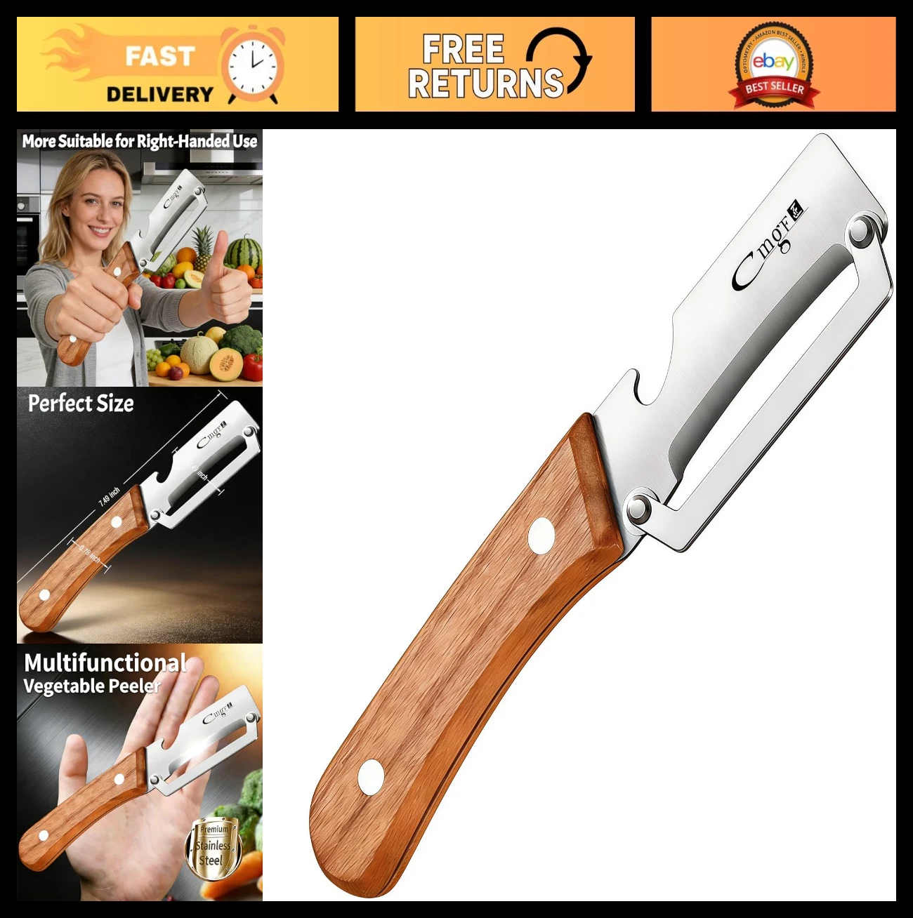 Multifunctional Vegetable Peeler with Wooden Handle & Bottle Opener - Stainless