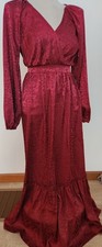 EXPRESS Satin Holiday Floral Jacquard V-Neck Baby Doll Tiered Maxi Red Dress XS