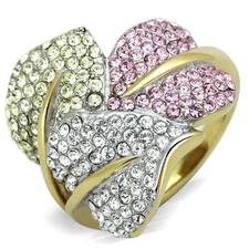 Women's Tri-Color Leaf Cluster Ring, Pave, 14K Gold Plated Stainless Steel, Crys