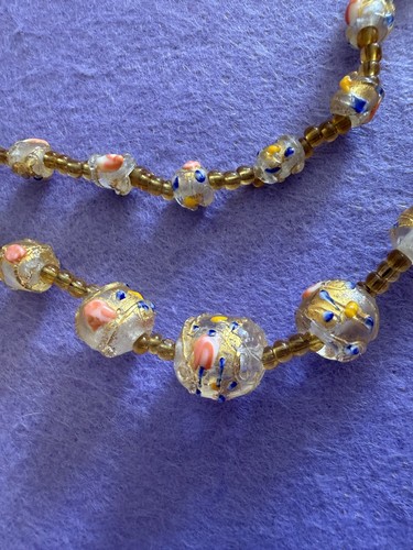 VINTAGE VENETIAN MURANO PINK BLUE YELLOW WEDDING CAKE ART GLASS BEAD NECKLACE  