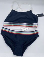 abercrombie kids Girl's Two-Piece Navy Blue/Rainbow Stripe Swimsuit NWT Sz 13/14