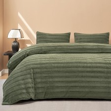 Plush Duvet Cover Set - Queen Size Green Striped Fuzzy Comforter Cover 3pcs B...