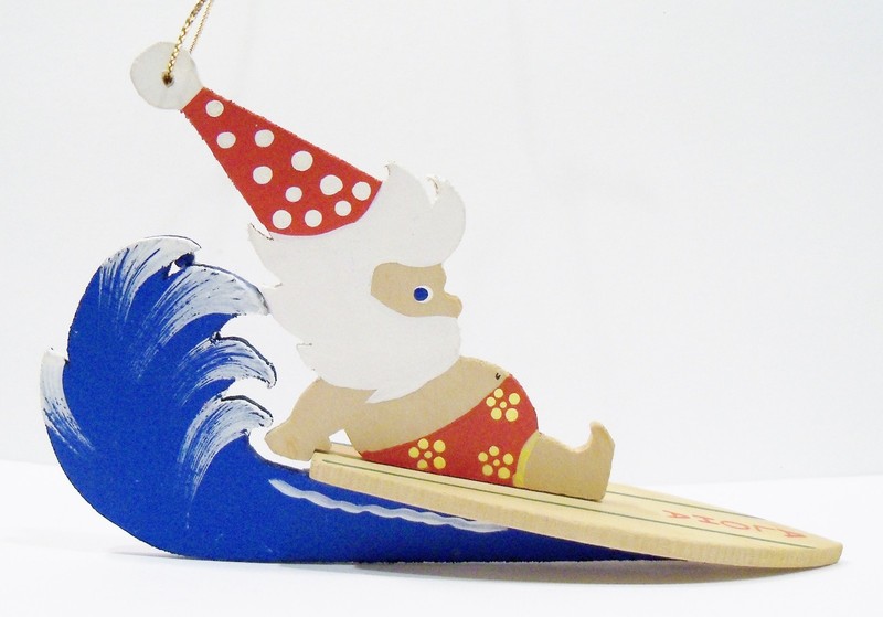 Emgee Hawaii Santa Sitting on Surfboard Ocean Wave Wooden Wood Vintage Ornament