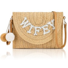 Bride Gift Straw Shoulder Bag Clutch Rhinestone Letter Purse Beach Bacheloret...