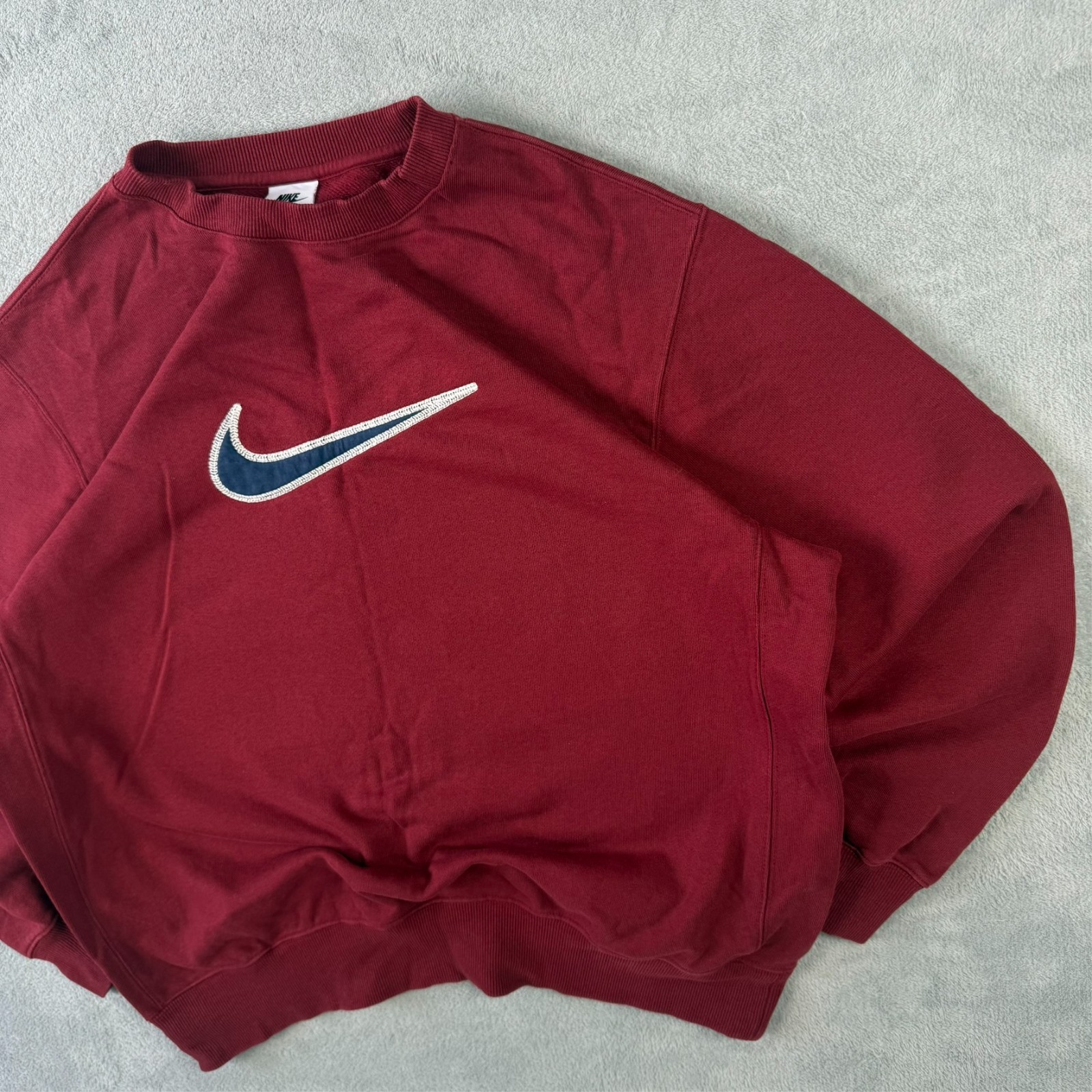 VTG Nike Burgundy Navy Big Swoosh Heavyweight Oversized Lrg Pullover Sweatshirt image 3