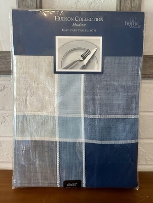 Home Wear Hudson Collection Table Cloth Natural/Blue 60 x 84 NEW