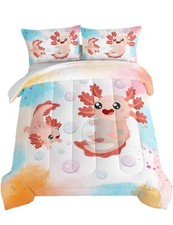 Whimsical Axolotl Bedding Set - Full Comforter  2 Pillowcases in Cartoon Style