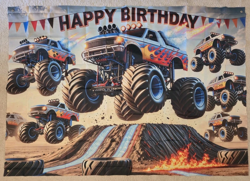 Suministros de fiesta Monster Truck, pancarta de cumpleaños para automóvil 7Wx5H ft telón de fondo grande nuevo Foto 2 de 3
