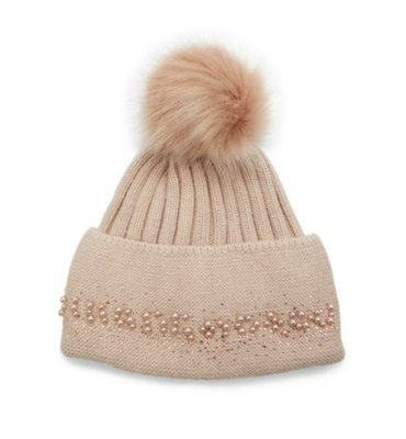 NWT Adrienne Landau Blush Knit Beanie Hat Faux Fur Pom Pom  display picture 2
