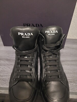 PRADA HIGH-TOP SNEAKERS SHOES 4T2596 BLACK NAPPA LEATHER US 9 EU