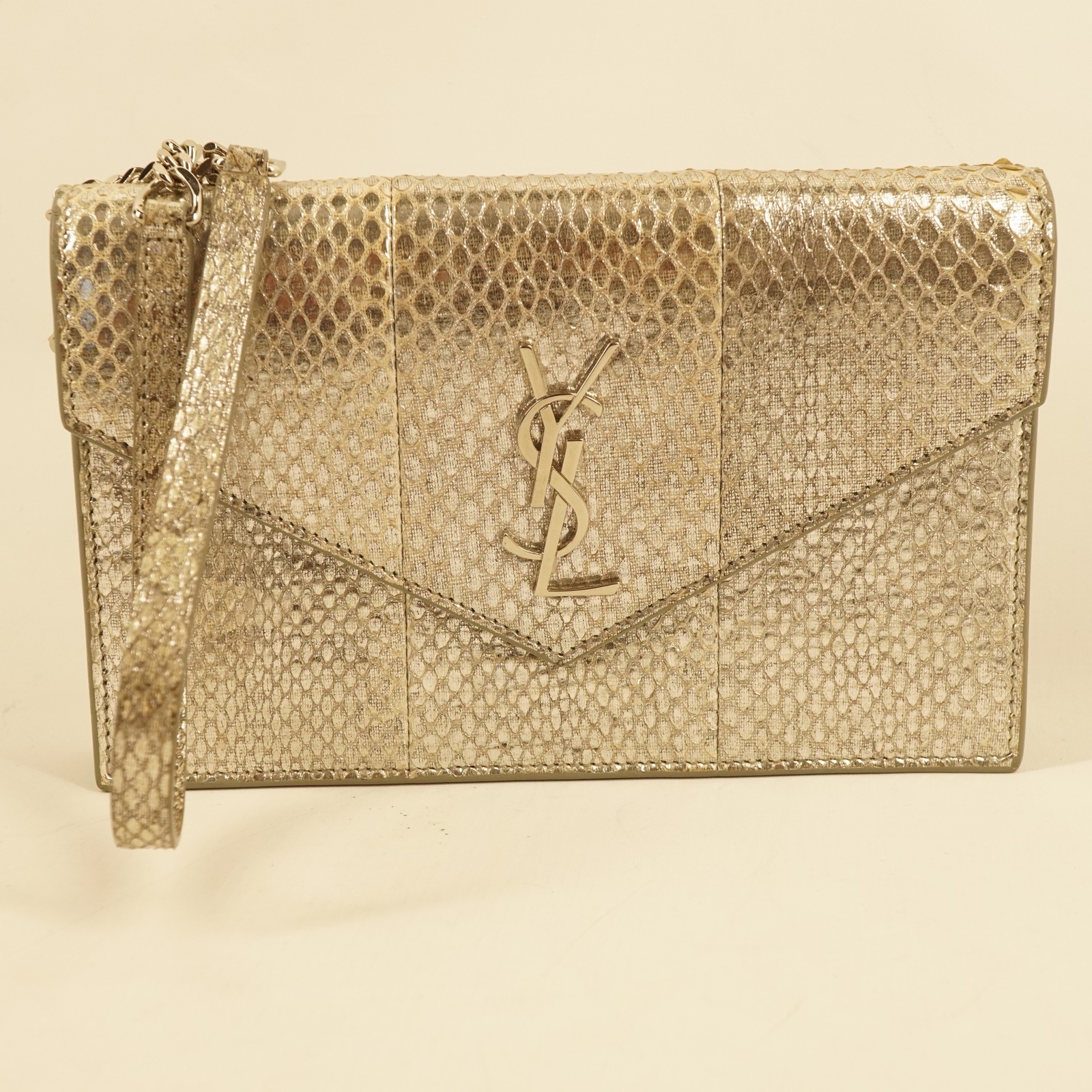 Yves Saint Laurent YSL Busta Pelle di Serpente Catena Borsa Argento Nero Spedizione Gratuita USA