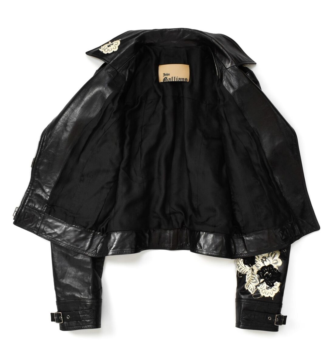 JOHN GALLIANO Vintage Leather Biker Jacket Lace Floral JOHN GALLIANO Vintage Leather Biker Jacket Lace Floral