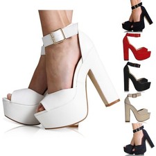 LADIES WOMENS ANKLE STRAP PLATFORM CHUNKY HIGH HEEL SANDALS SHOES - UK SIZE 3-8