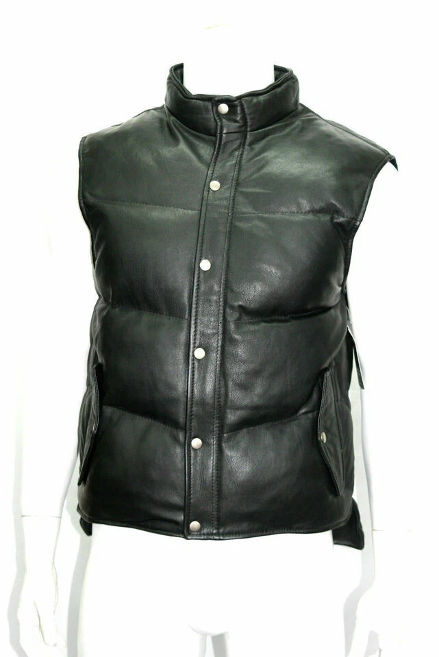 Men's Puffer Body Warmer Real Lambskin Leather Waistcoat Sleeveless Vest - 102
