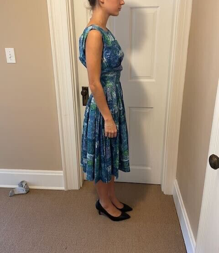 Vintage 1960s Blue Multicolored Sleeveless Midi Hostess Dress Size S - Picture 3 of 5