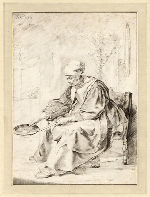 Antiker Meisterdruck-GENRE-PFANNKUCHEN BACKEN-Ploos van Amstel/Körnlein-Metsu-1768