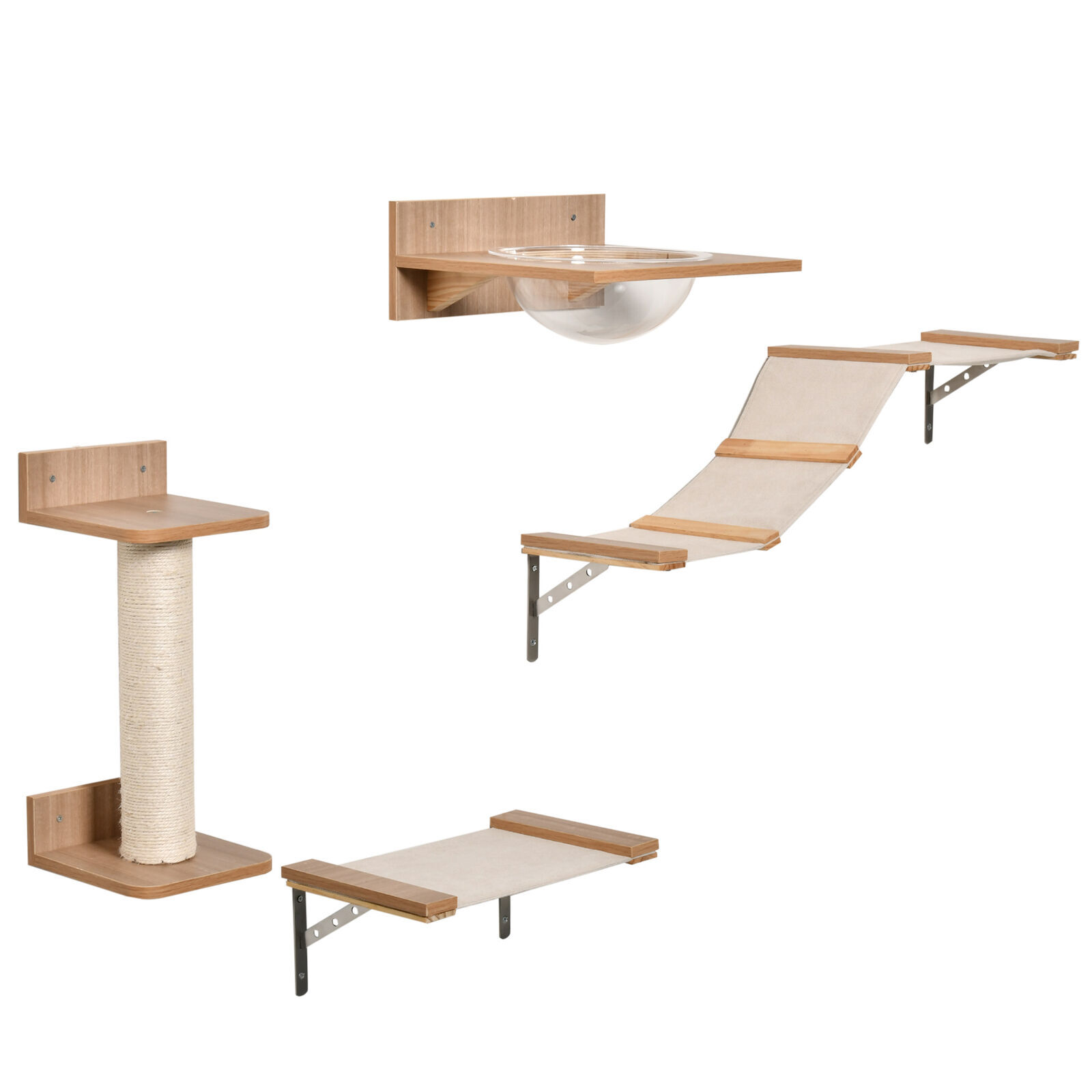 Palestra per Gatti a Muro: Set 4 Pezzi Legno e Sisal con Ponte e Nido - 4