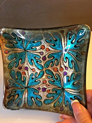 Art Glass Trinket Dish Blue Gold Foil Painted Gorgeous!  5 1/2'' X 5 1/2''
