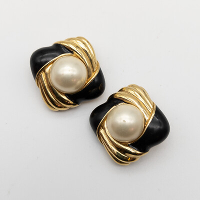 Vtg Ciner Black Enamel Faux Pearl Clip On Earrings Square Statement Signed 