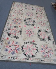 ANTIQUE CENTRAL ASIAN UZBEK EMBROIDERY SUZANI 47" X 77"  HANDMADE CLOTH HANGING