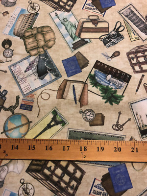 TRAVEL ITEMS SUIT CASE POST CARDS FAMOUS SITES CREAM COLORS COTTON FABRIC BTHY 