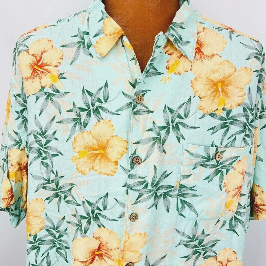 Oceans Coast Hawaiian Aloha XXL Shirt Hibiscus Leaves Floral Tropical