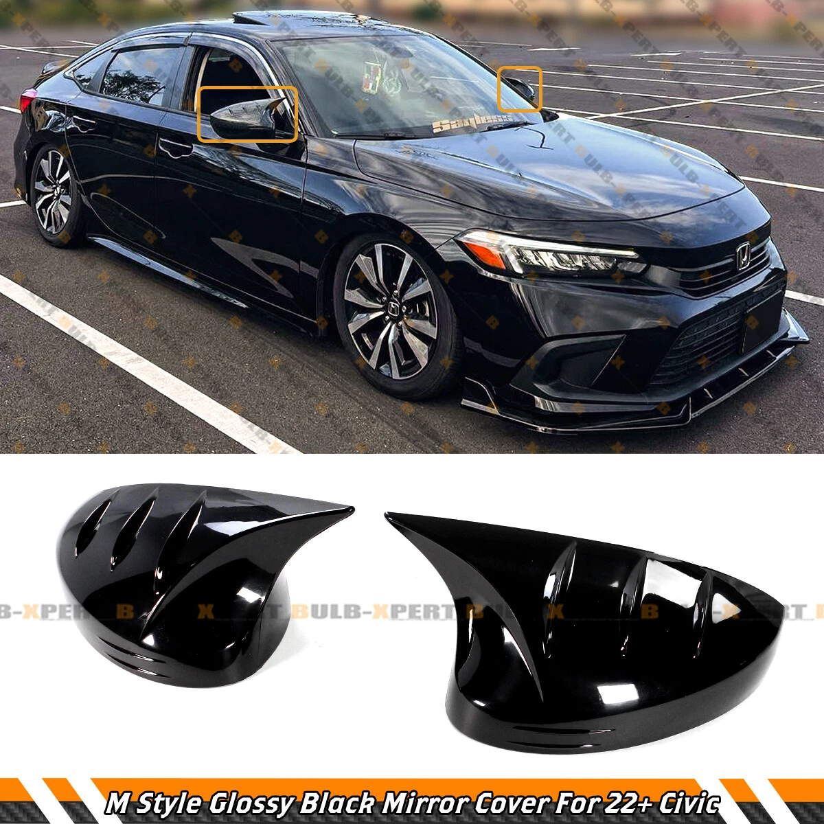 M HORN STYLE GLOSS BLACK ADD-ON SIDE MIRROR COVER CAPS FOR 2022-2026 HONDA CIVIC