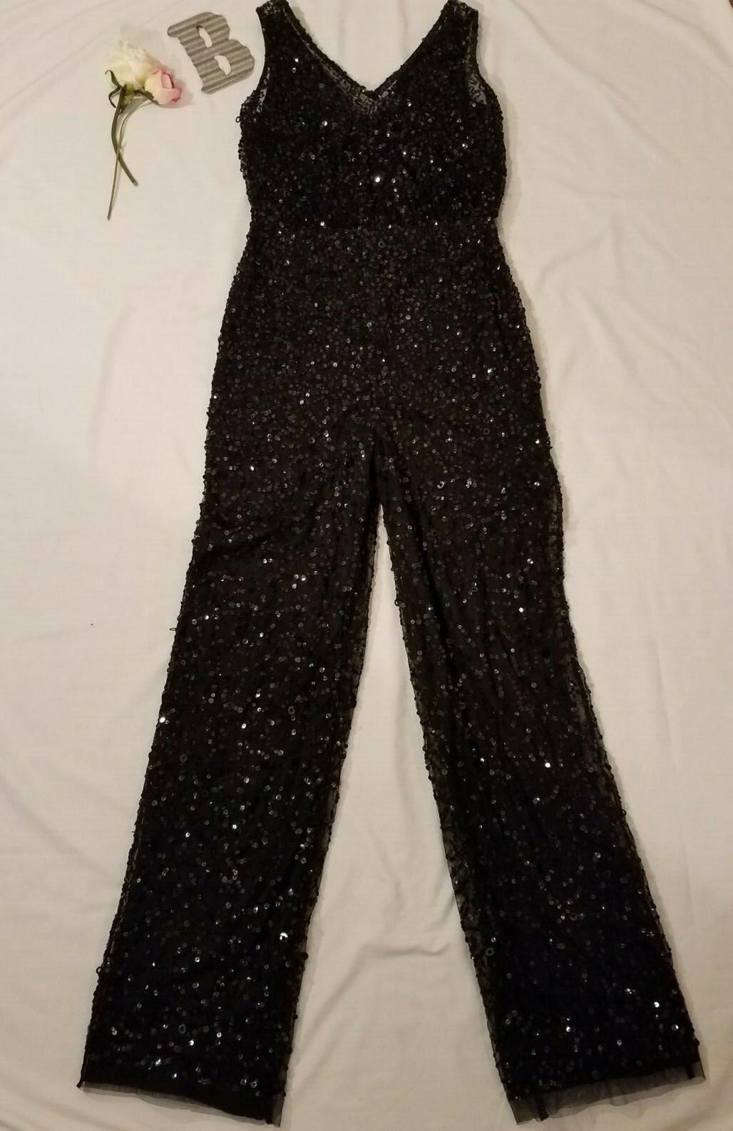 Adrianna Papell Black Sequin Beaded Jumpsuit with Illusion