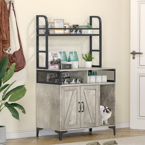 Large Hidden Litter Box Furniture w/ Shelves and Charging Station Cat Enclosure - Picture 4 of 10