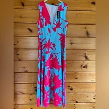 Nora Cora Women's Full Length Maxi Dress Pink Blue Floral Print NWT Size XL