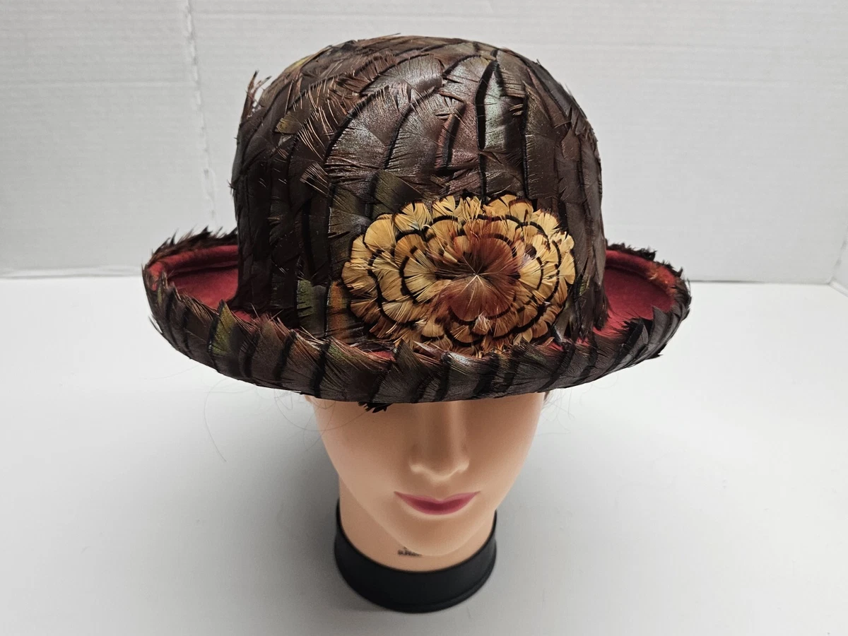 Rare Vintage imported fur Bucket Hat With Feather Inside Felt Size Medium Vintage Schiaparelli Feather Bucket Hat for Sale main image 2