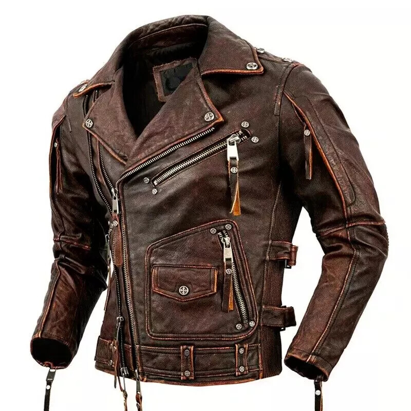 Men's Motorcycle Biker Vintage Cafe Racer Distressed REAL Leather