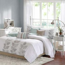 NEW  COZY SOFT MODERN RELAX ELEGANT BLUE LEAF BEACH BROWN TAUPE WHITE QUILT SET