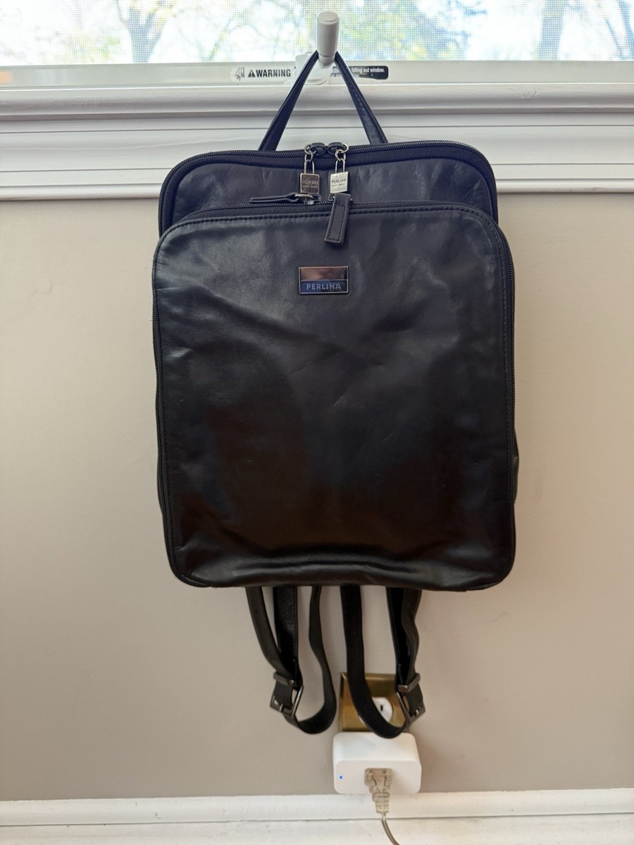 Perlina Black Leather Backpack Tote Bag With Padlock Zipper Pulls