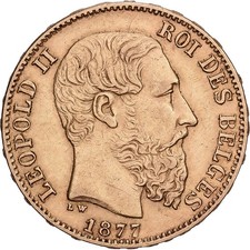 [#1550028] Belgium, Leopold II, 20 Francs, 20 Frank, 1877, Brussels, Gold, AU, K