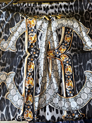Roberto Cavalli Silk Satin Animal Print Logo Women s Scarf Black Gray Gold