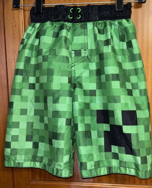 Boys Minecraft  SWIM TRUNKS Mojang Print Drawstring Green and Black MED EXC COND